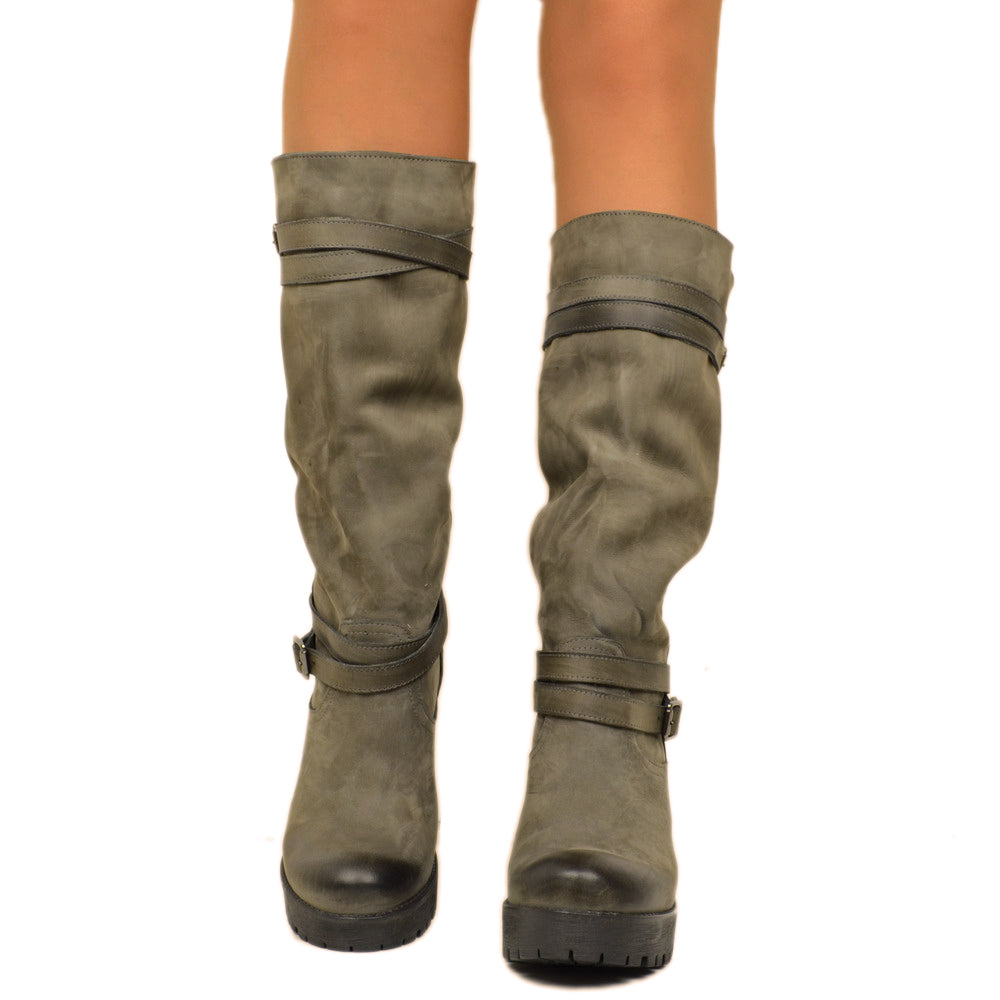 Damenstiefel aus grauem Nubukleder mit Fußkettchen, hergestellt in Italien - 3