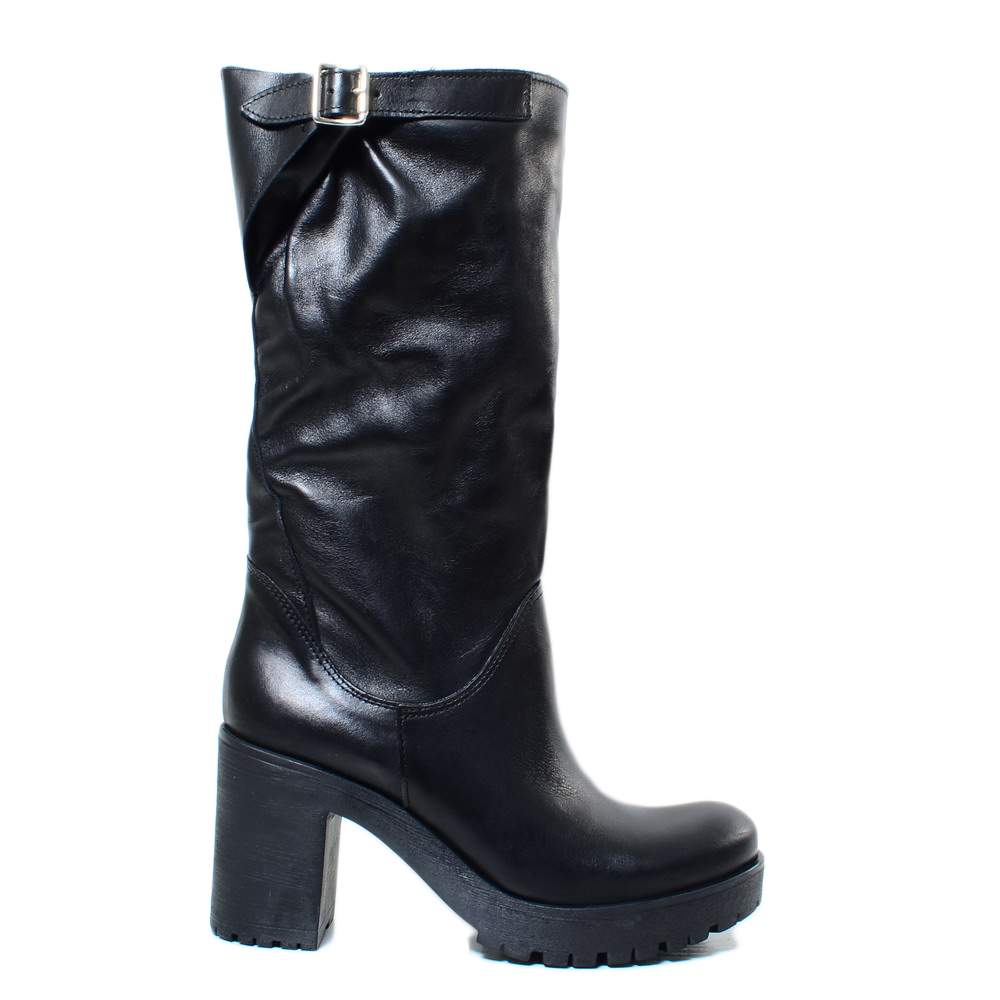 Women's Black Leather Boots with Heel Made in Italy - 2