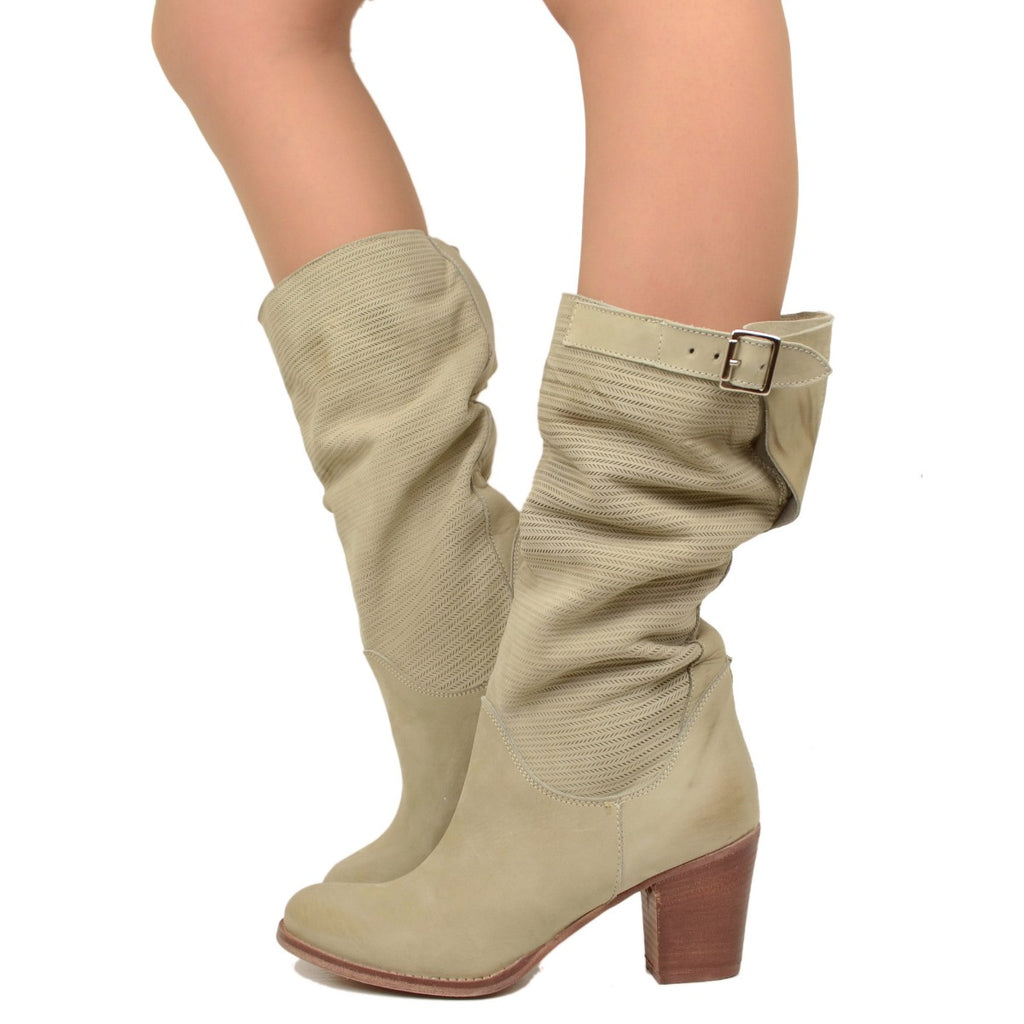 Women's Taupe Boots with Medium Heel in Textured Nubuck Leather