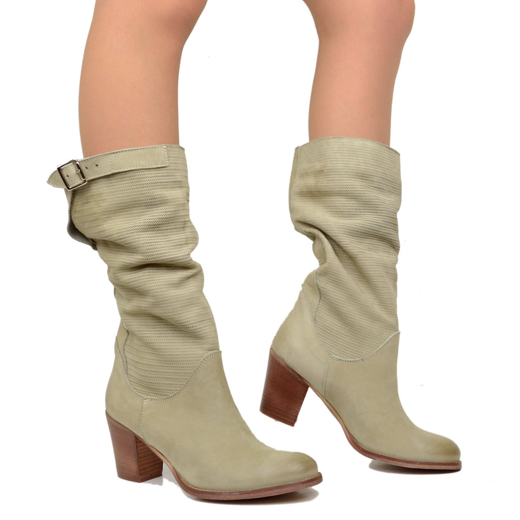 Women's Taupe Boots with Medium Heel in Textured Nubuck Leather - 4