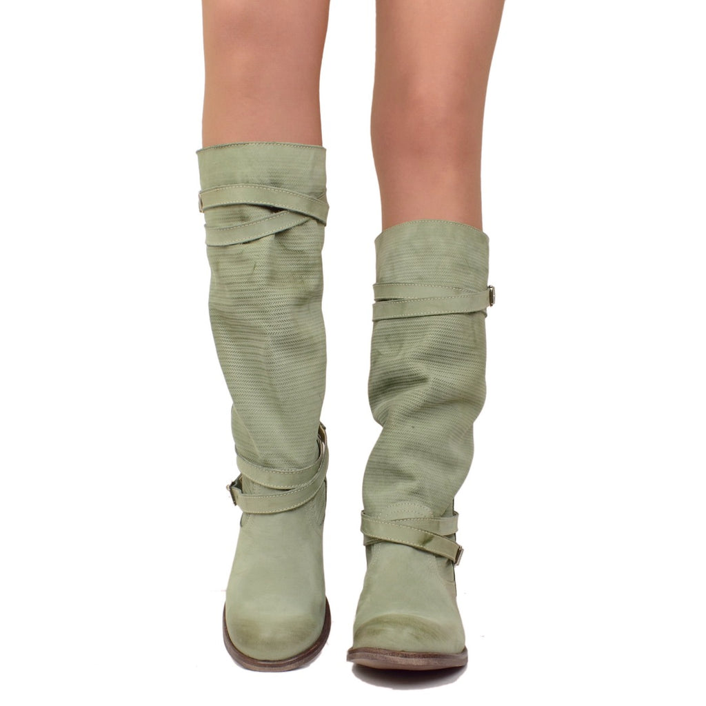 Mintgrüne Damenstiefel aus gerändeltem Nubukleder - 3