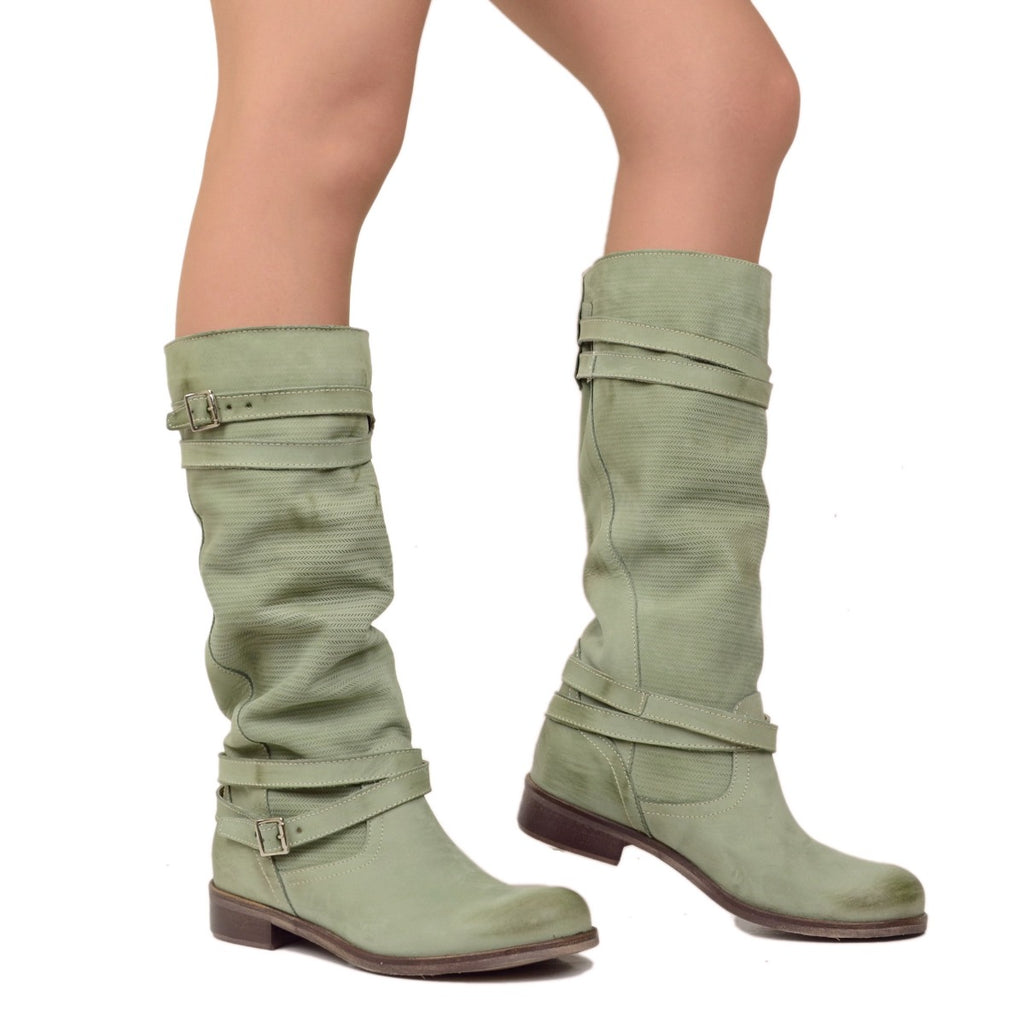 Mintgrüne Damenstiefel aus gerändeltem Nubukleder - 4