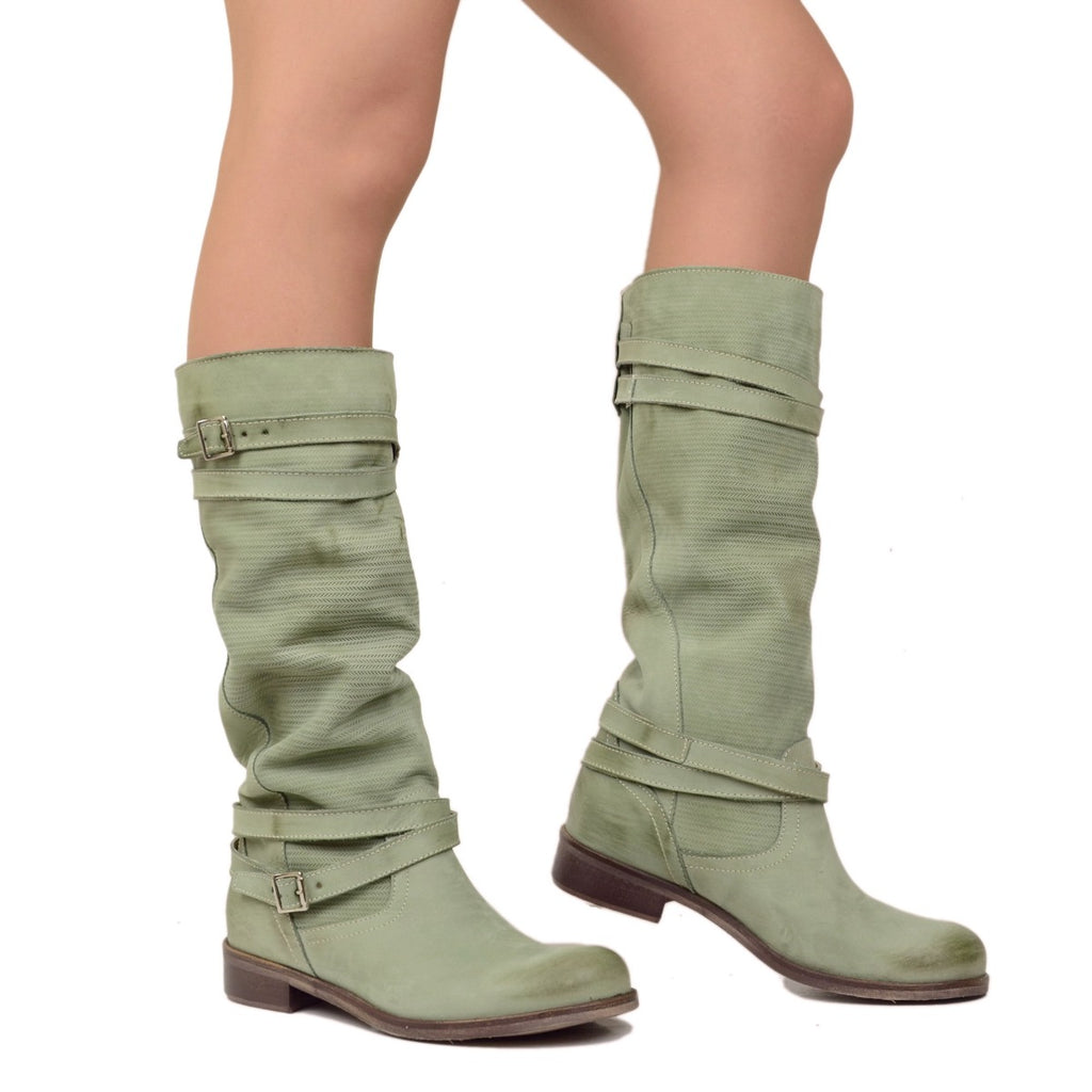 Mint Green Women's Boots in Knurled Nubuck Leather - 4