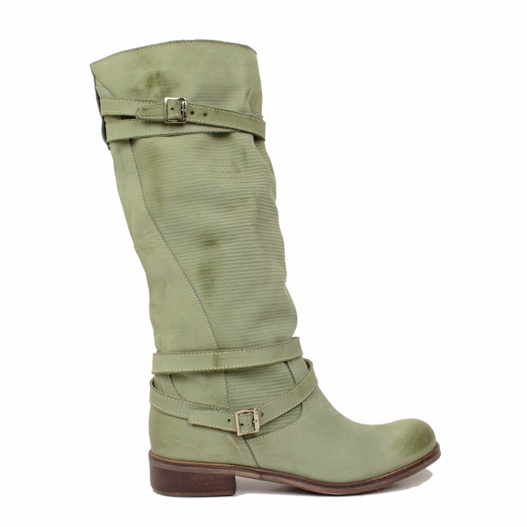 Mintgrüne Damenstiefel aus gerändeltem Nubukleder - 5