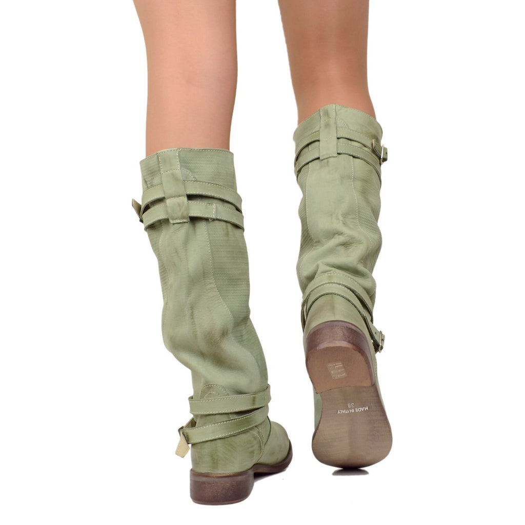 Mintgrüne Damenstiefel aus gerändeltem Nubukleder - 6