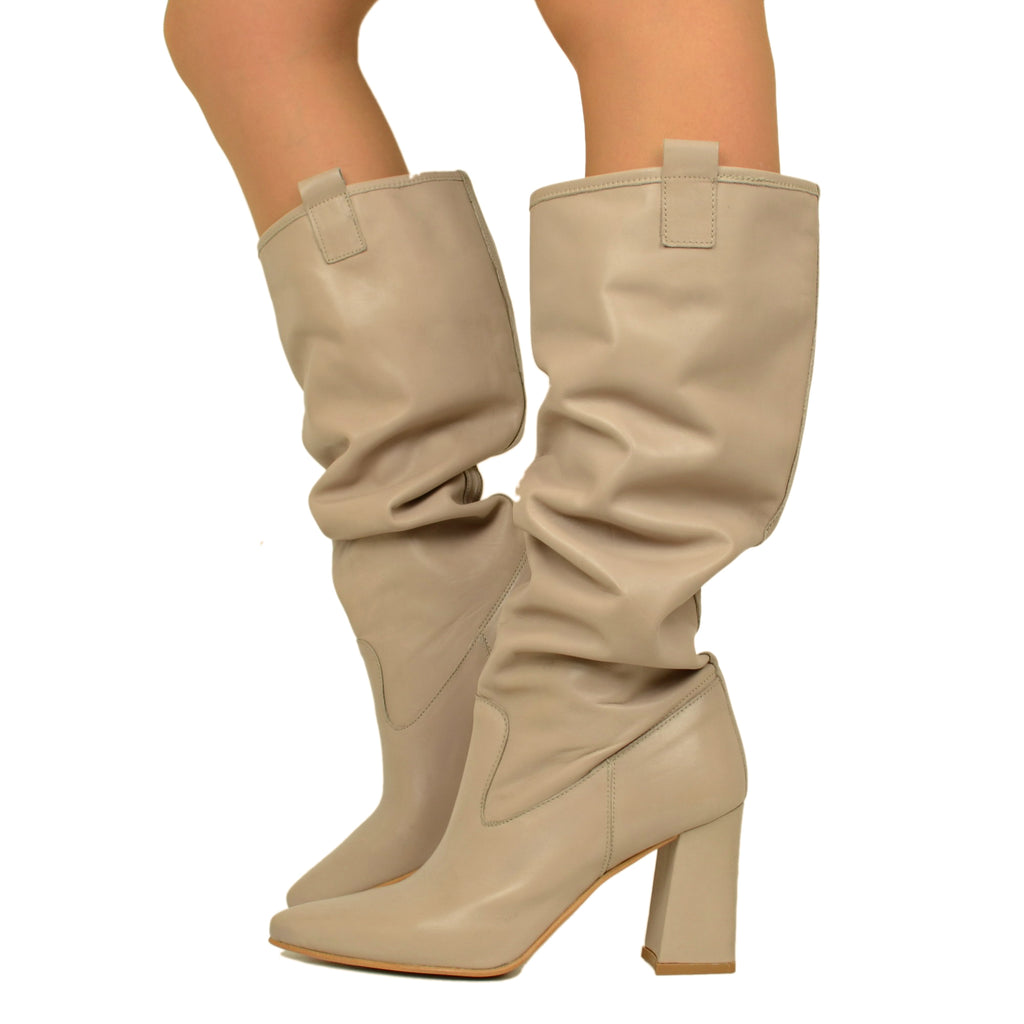 Women's Tall Taupe Leather Boots Made in Italy with High Heel