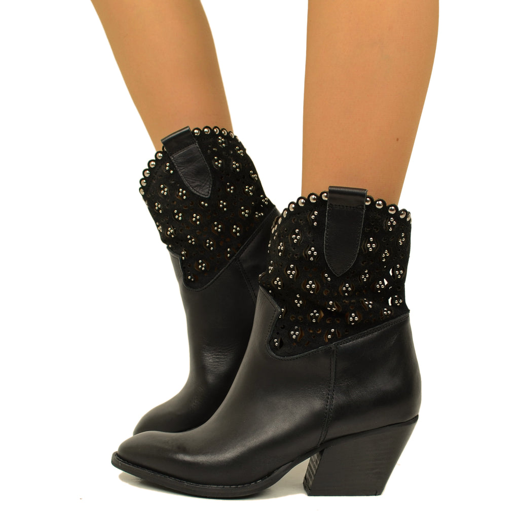 Damen-Stiefeletten aus schwarzem Texan-Leder mit Nieten, hergestellt in Italien