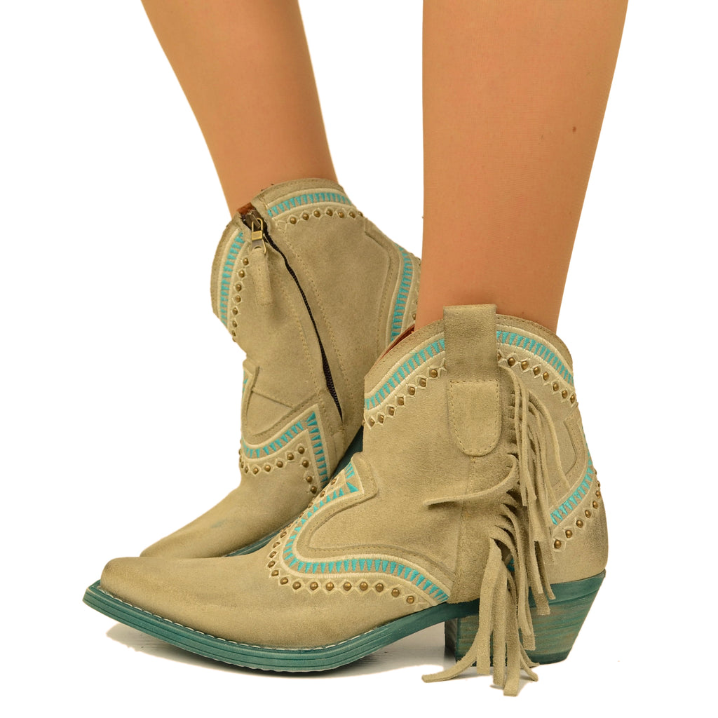 Taupe Texan Ankle Boots in Suede with Studs and Fringes