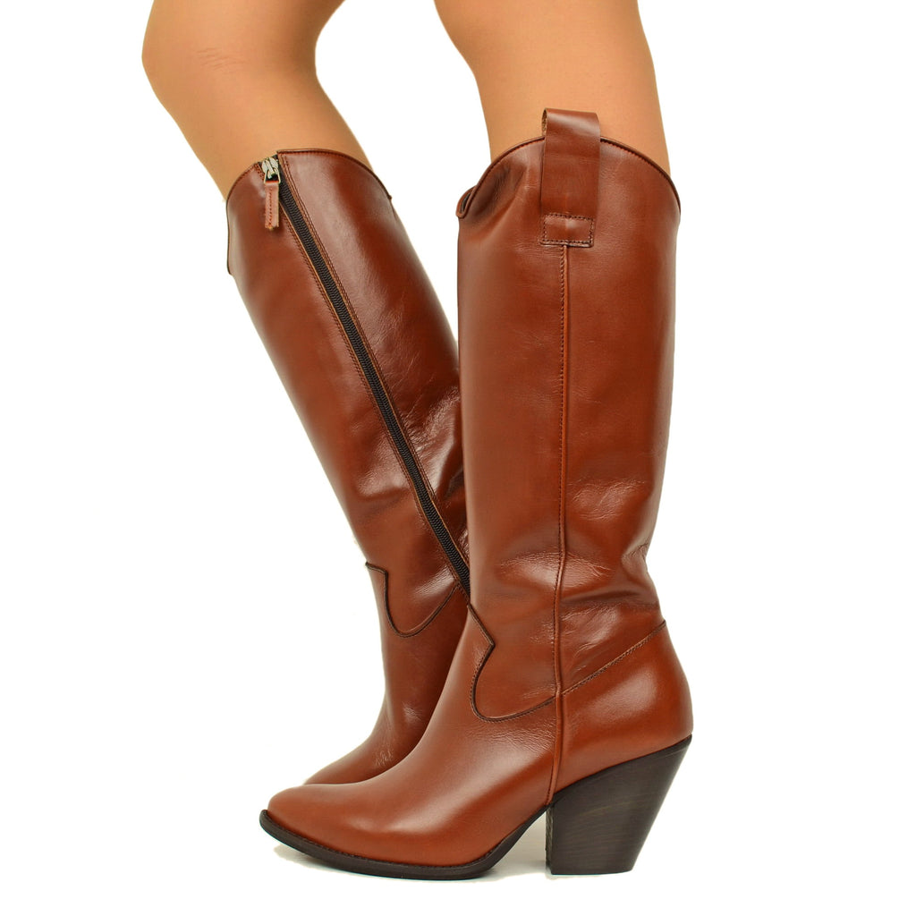 Women's High Leather Texan Boots with Zip Made in Italy