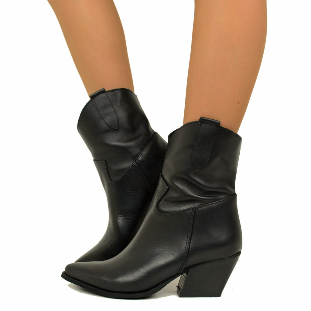 Black Leather Texan Ankle Boots Made in Italy