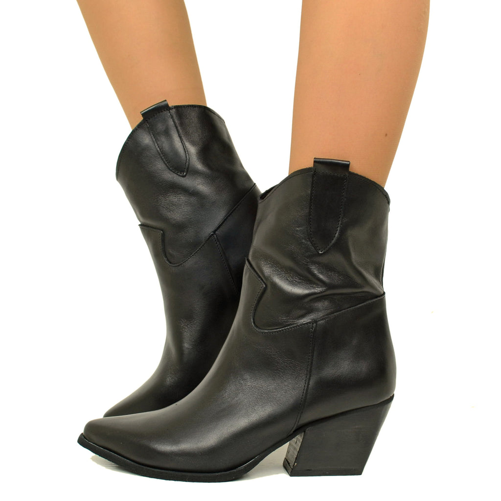 Damen-Stiefeletten aus schwarzem Texan-Leder mit hohem Absatz, hergestellt in Italien