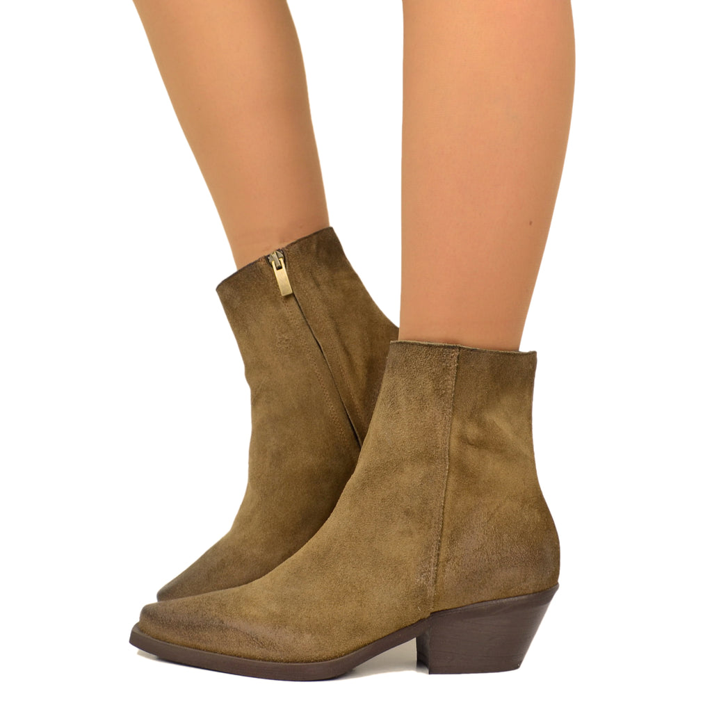 Women's Cowboy Boots in Taupe Suede Leather with Zip