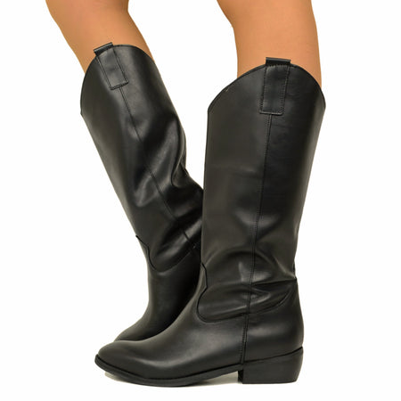 Klassische Texan-Stiefel aus schwarzem Leder für Damen, hergestellt in Italien