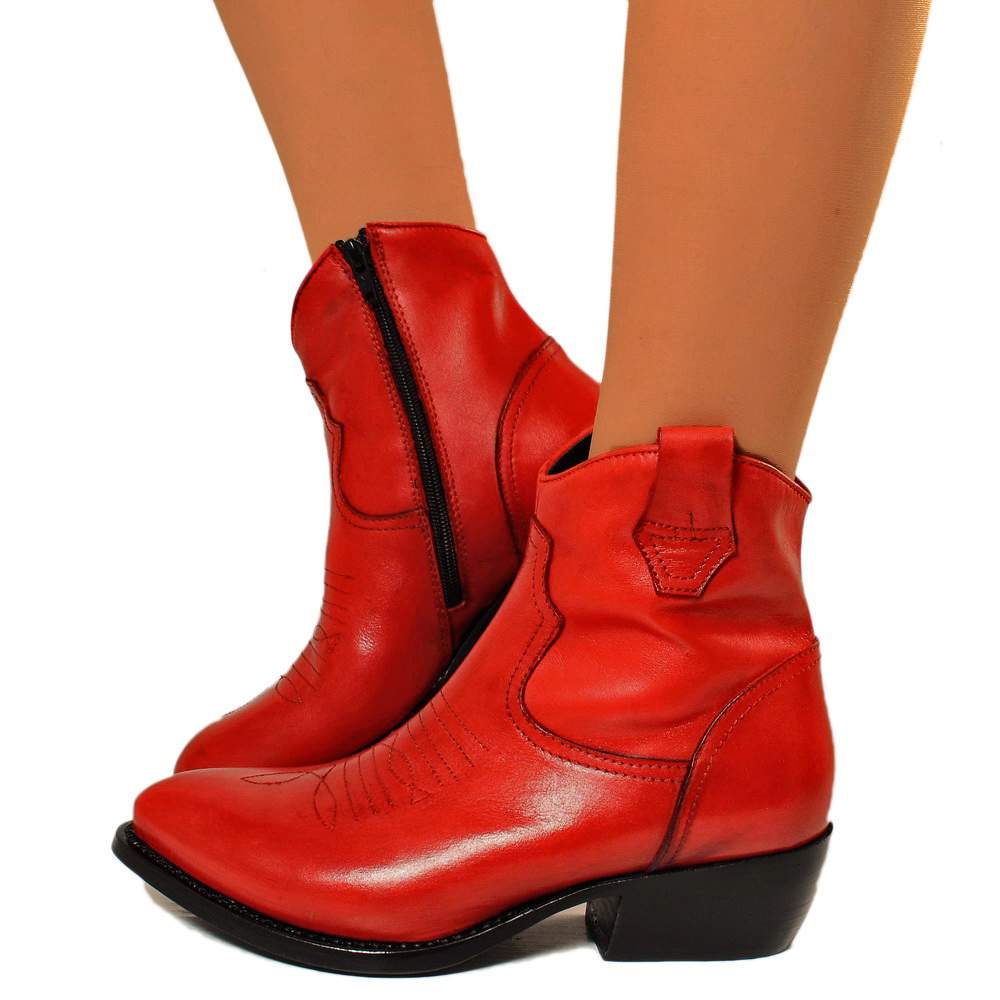 Women's Cowboy Boots in Vintage Red Leather Made in Italy