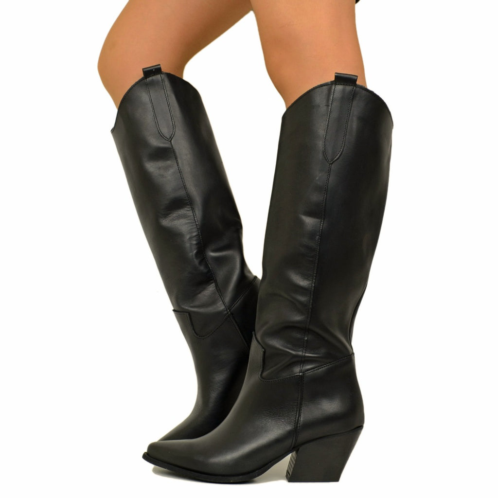 Black Leather Texan Boots with High and Wide Heel Made in Italy