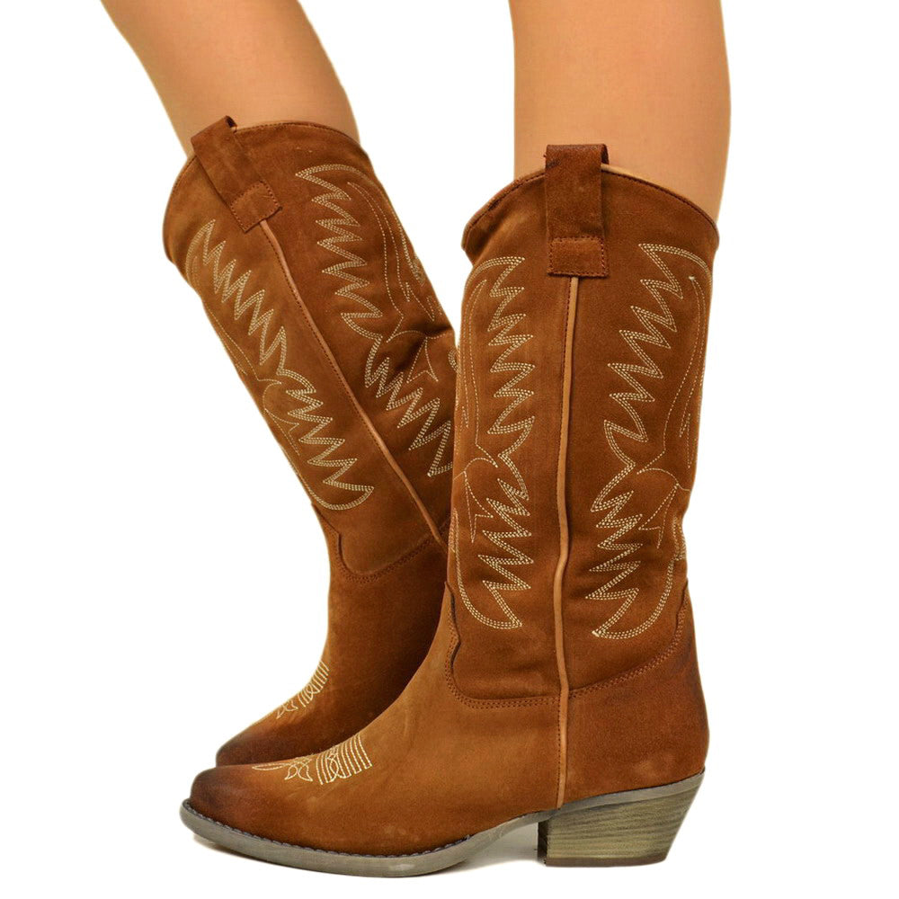 Stivali Alti Boots Stivali Texani Tacco Stivali Texani Donna Cuoio In