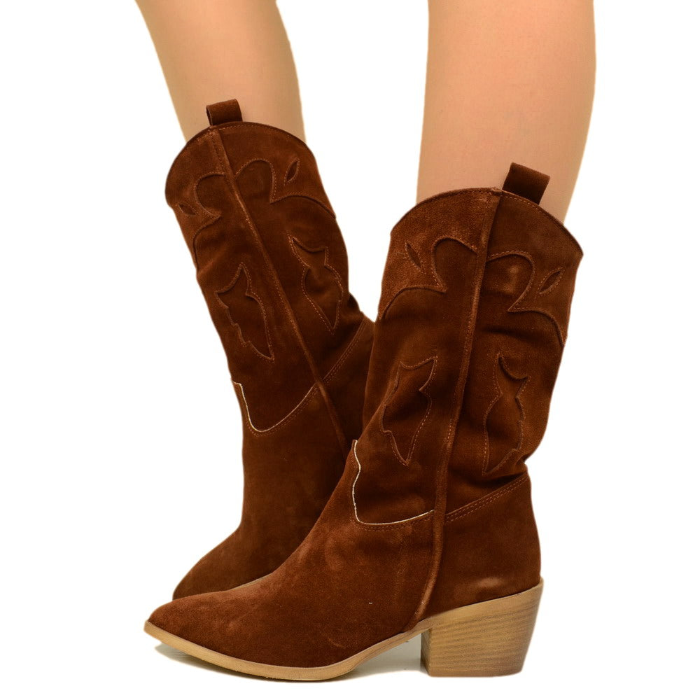 Women's Brown Suede Texan Boots with Embroidery Made in Italy
