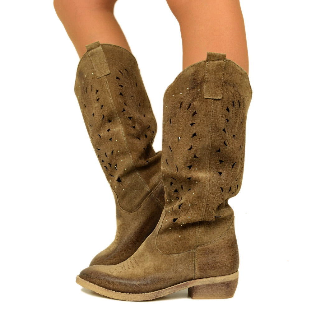 Women's Texan Boots Lasered in Taupe Suede with Low Heel