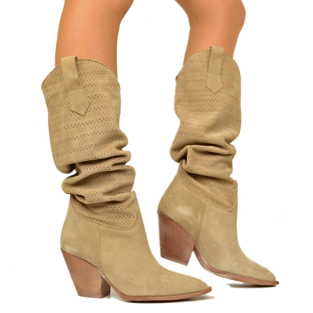 Women's Texan Boots Perforated in Sand Suede with High Heel - 3