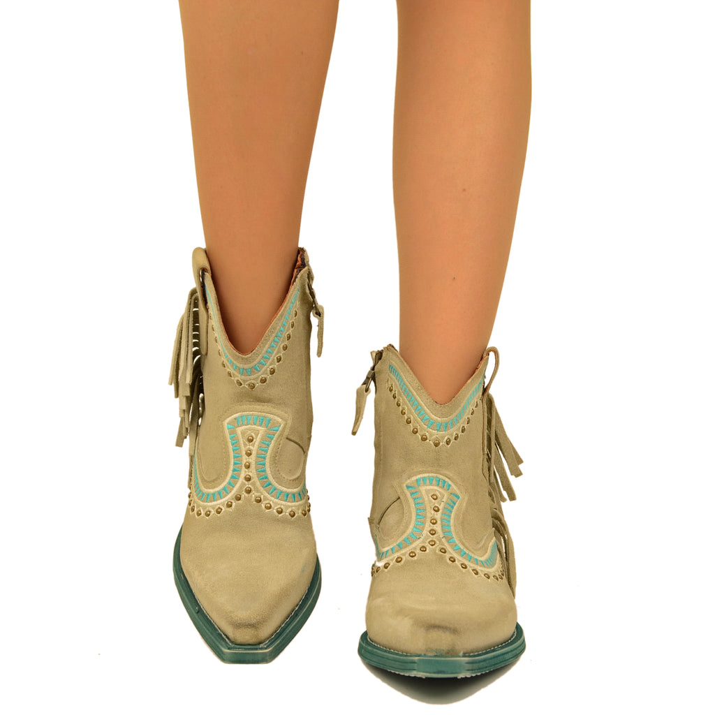 Taupe Texan Ankle Boots in Suede with Studs and Fringes - 5