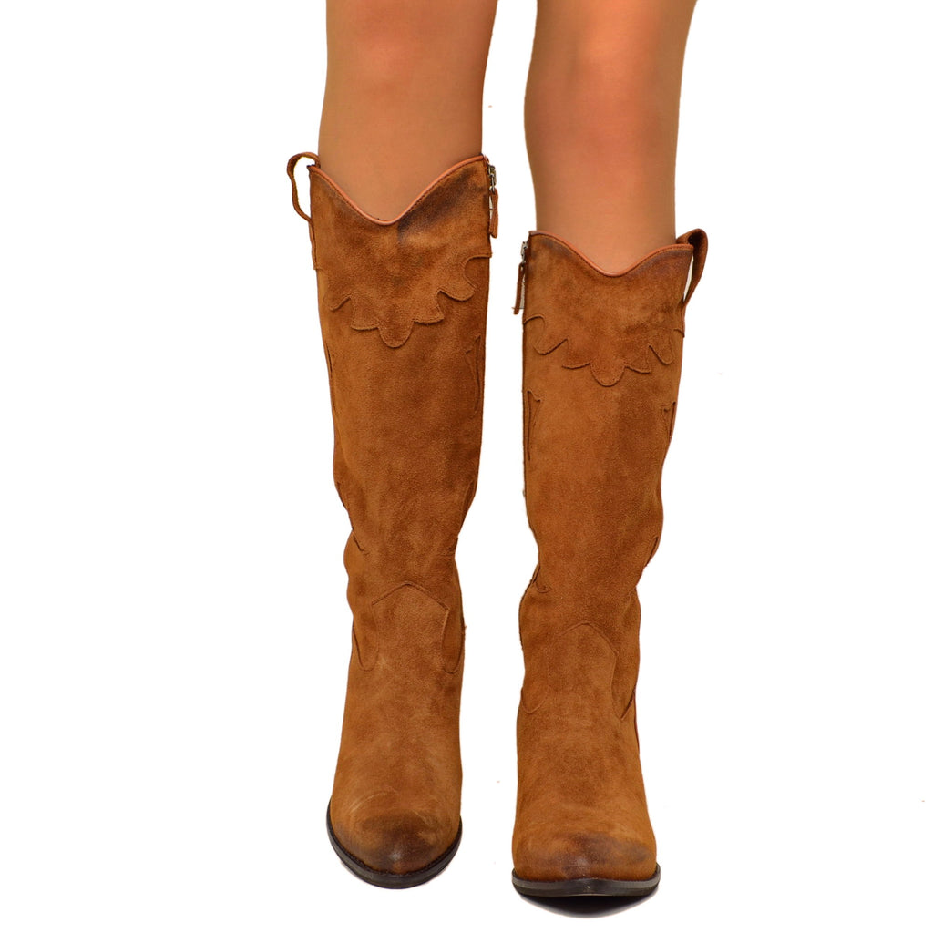 Braune Texan-Damenstiefel mit seitlichem Reißverschluss, hergestellt in Italien - 5