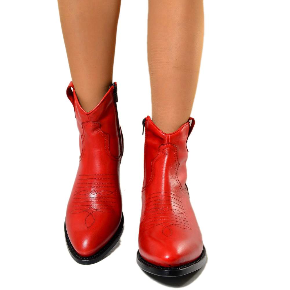 Women's Cowboy Boots in Vintage Red Leather Made in Italy - 3