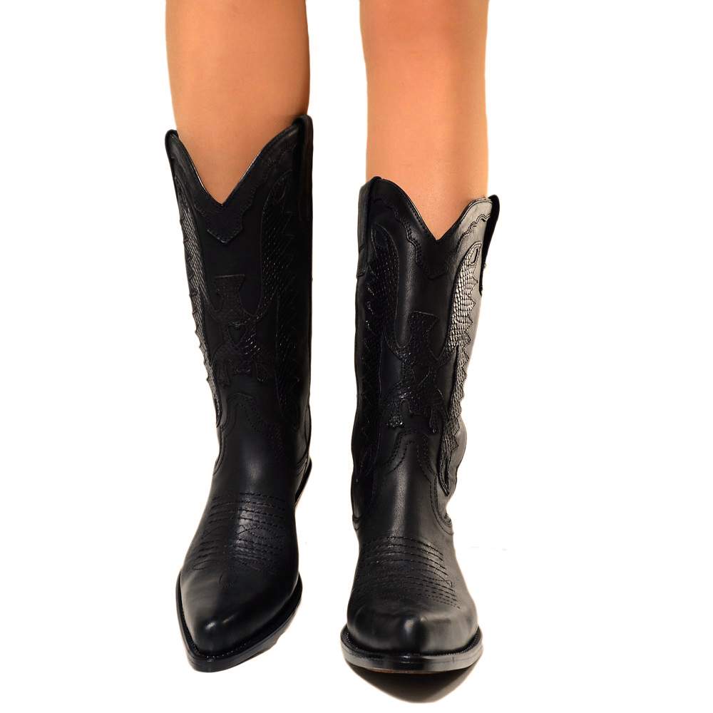 Texani Donna Neri in Pelle Ricamati con Aquila Made in Italy - 5