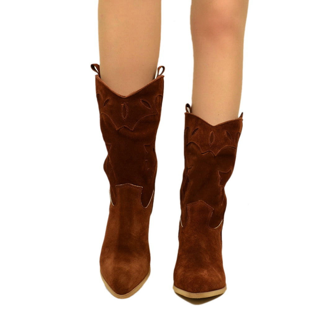 Women's Brown Suede Texan Boots with Embroidery Made in Italy - 5