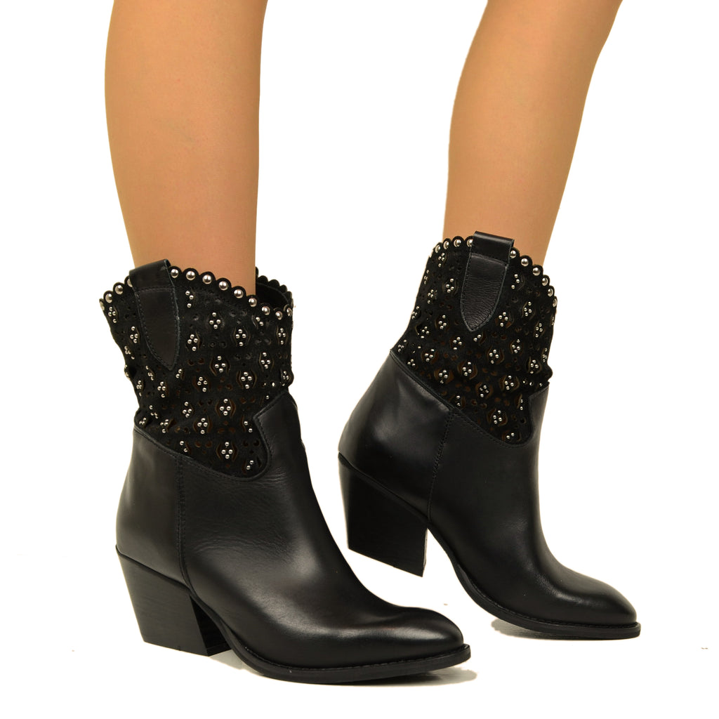 Damen-Stiefeletten aus schwarzem Texan-Leder mit Nieten, hergestellt in Italien - 4