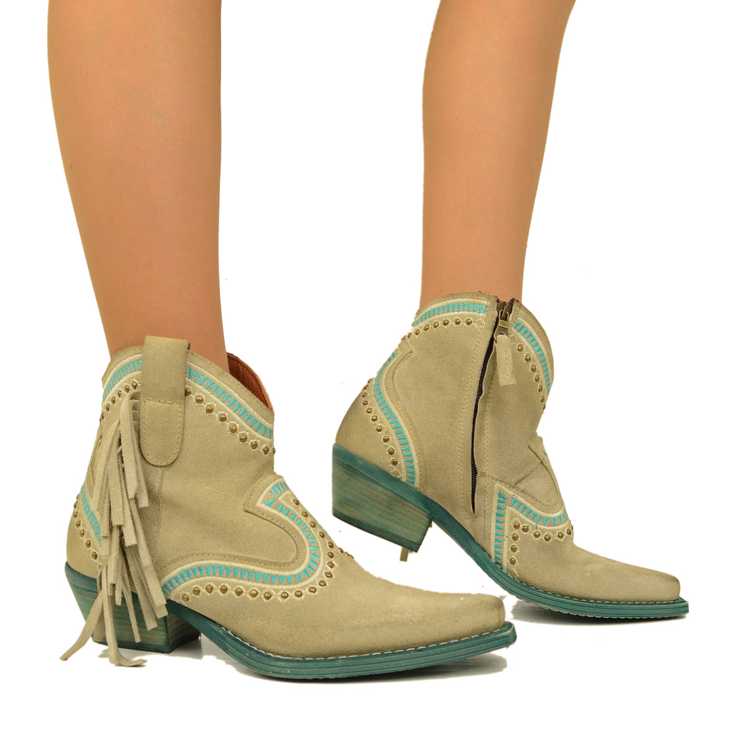Taupe Texan Ankle Boots in Suede with Studs and Fringes - 4