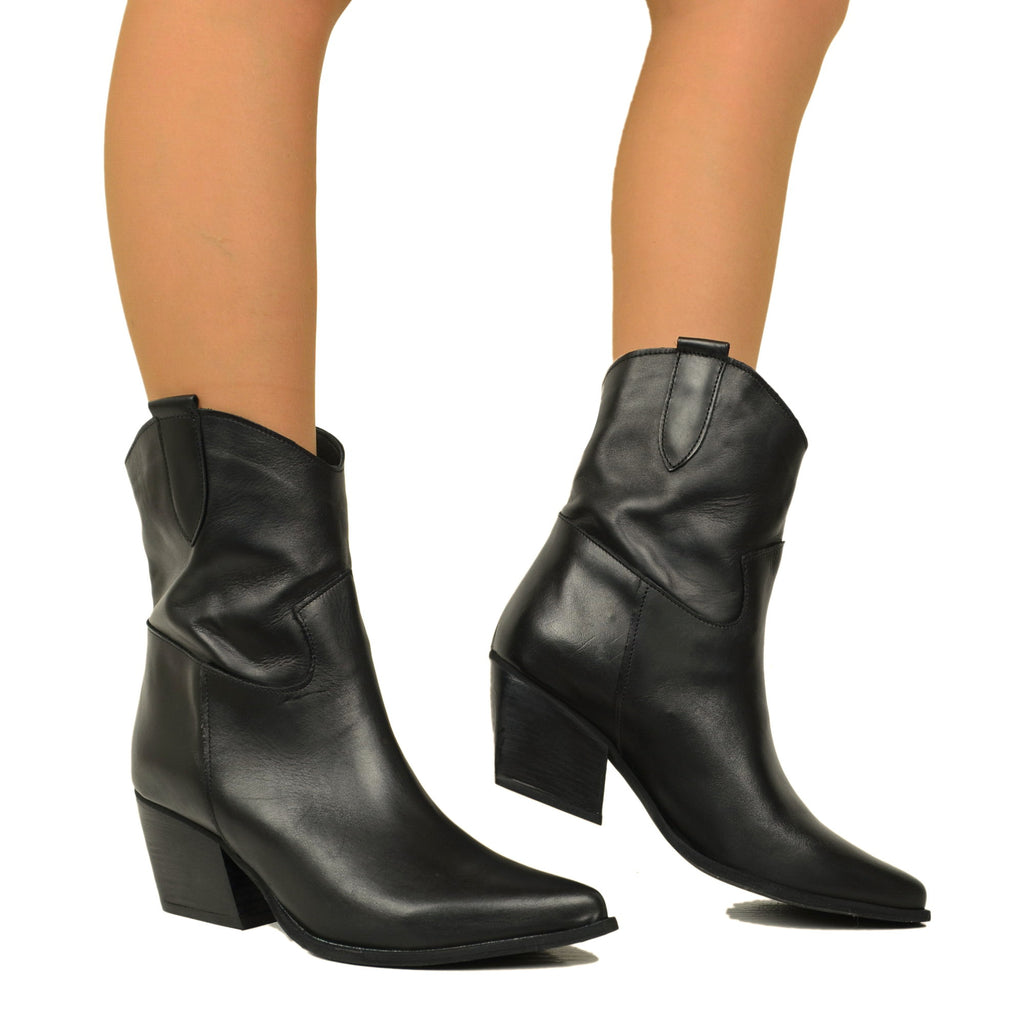 Damen-Stiefeletten aus schwarzem Texan-Leder mit hohem Absatz, hergestellt in Italien - 4