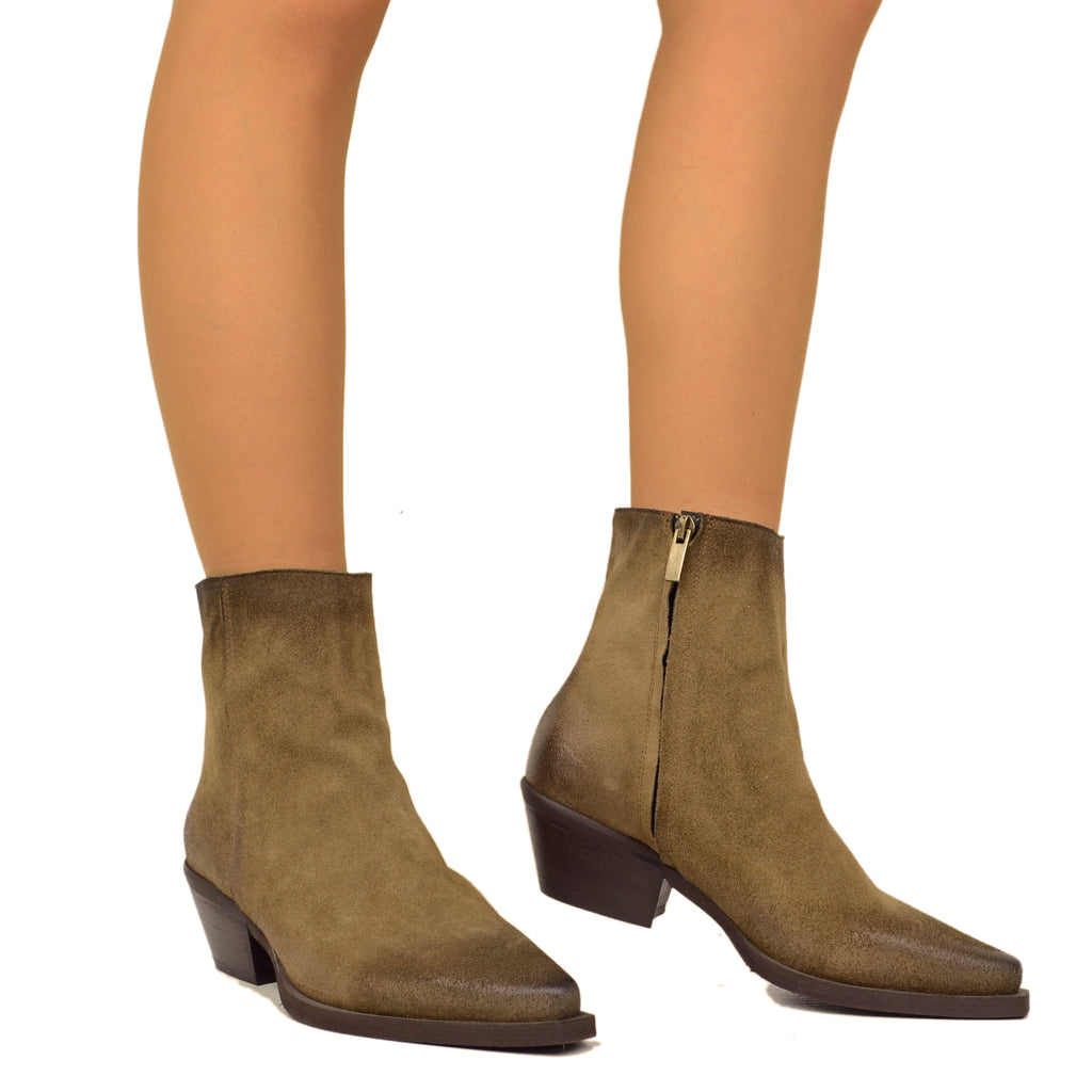 Women's Cowboy Boots in Taupe Suede Leather with Zip - 3