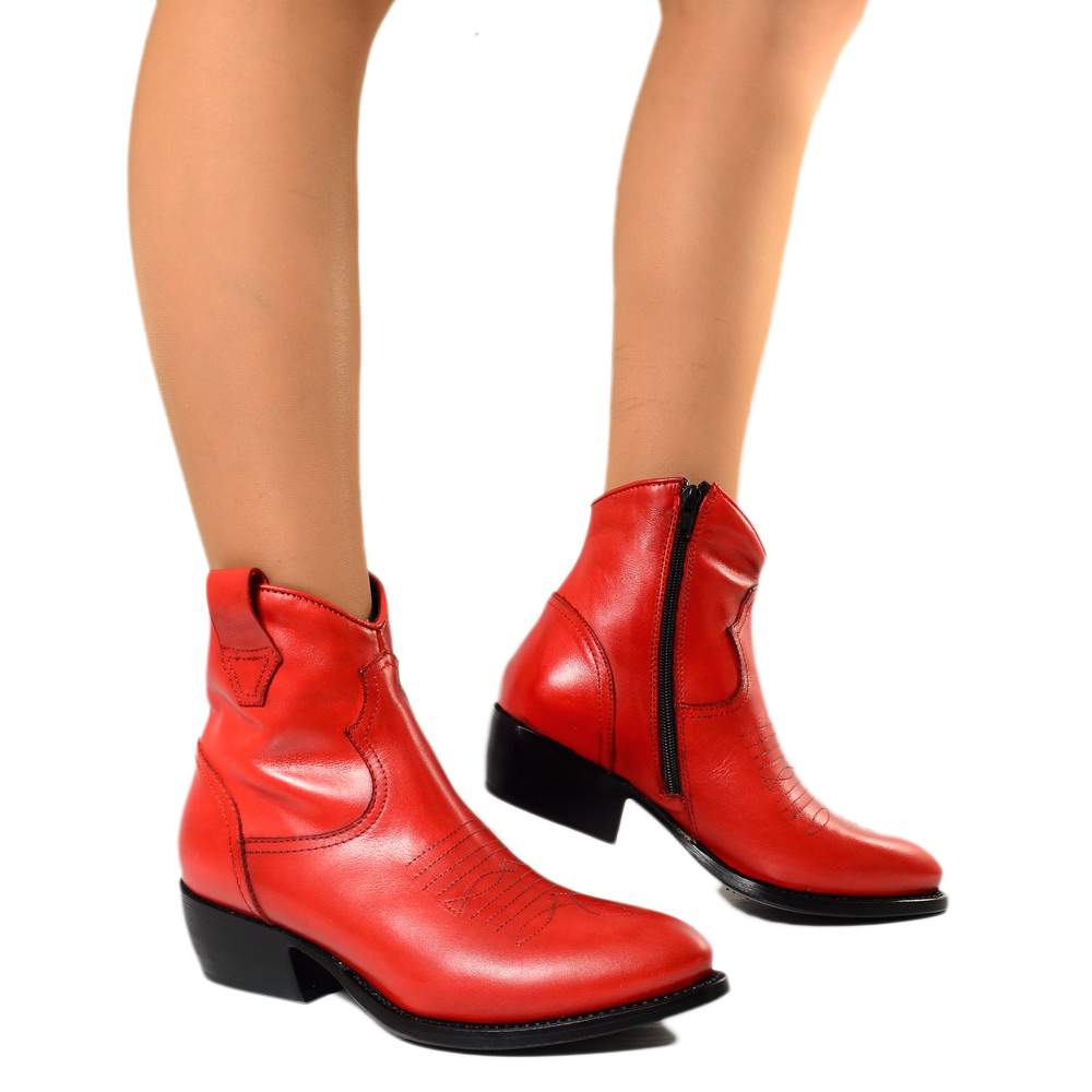 Women's Cowboy Boots in Vintage Red Leather Made in Italy - 4