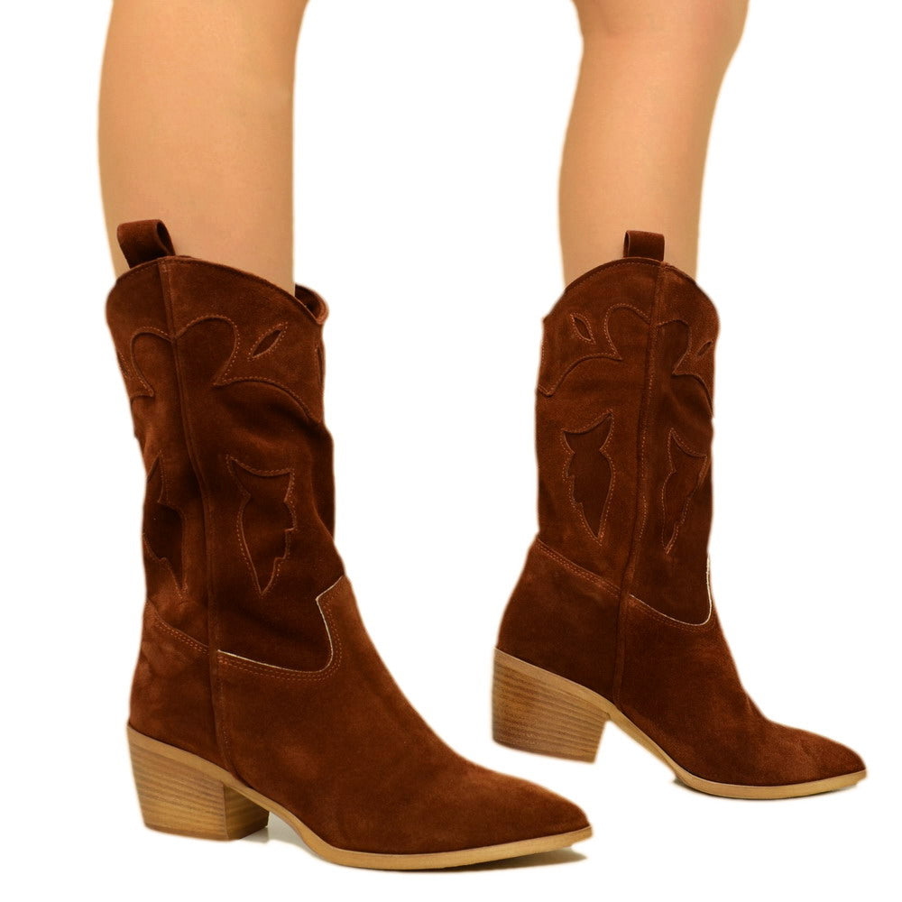 Women's Brown Suede Texan Boots with Embroidery Made in Italy - 3