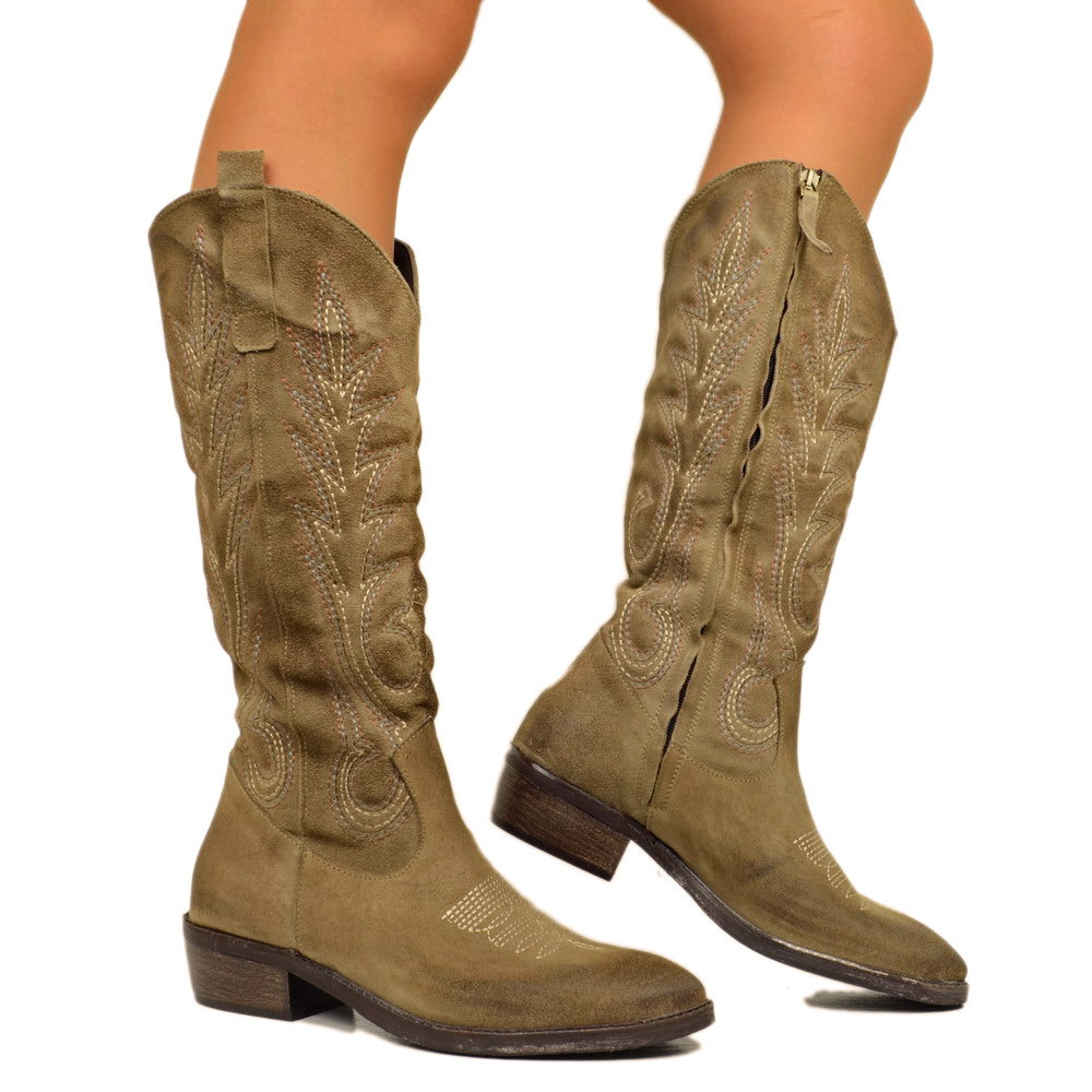 Women's Taupe Suede Texan Boots Made in Italy - 4