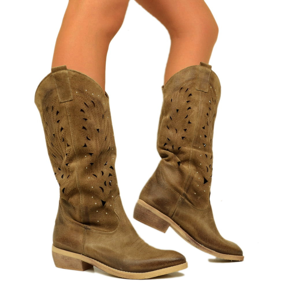 Women's Texan Boots Lasered in Taupe Suede with Low Heel - 4