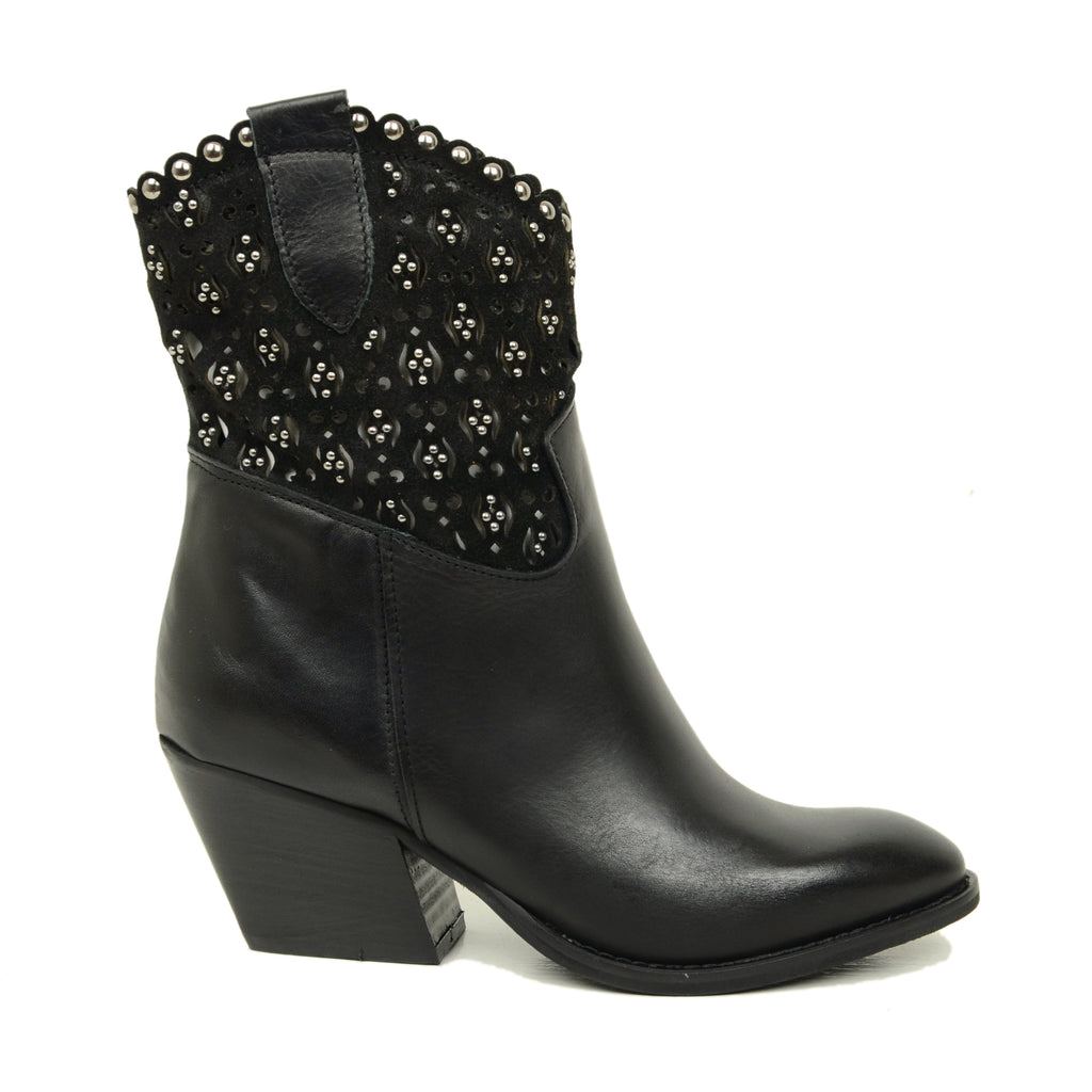 Damen-Stiefeletten aus schwarzem Texan-Leder mit Nieten, hergestellt in Italien - 6