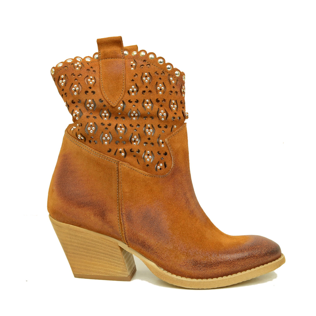 Women's Cowboy Boots in Suede Leather with Studs - 6