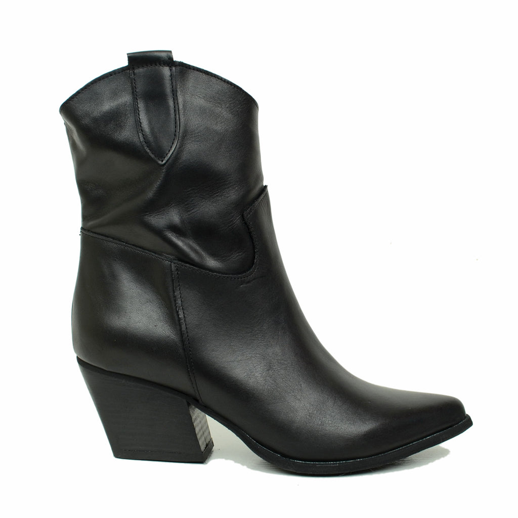 Damen-Stiefeletten aus schwarzem Texan-Leder mit hohem Absatz, hergestellt in Italien - 2