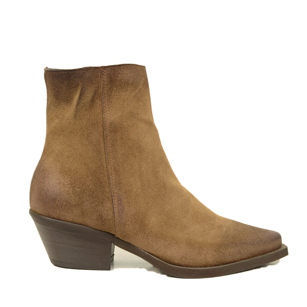 Women's Cowboy Boots in Taupe Suede Leather with Zip - 2