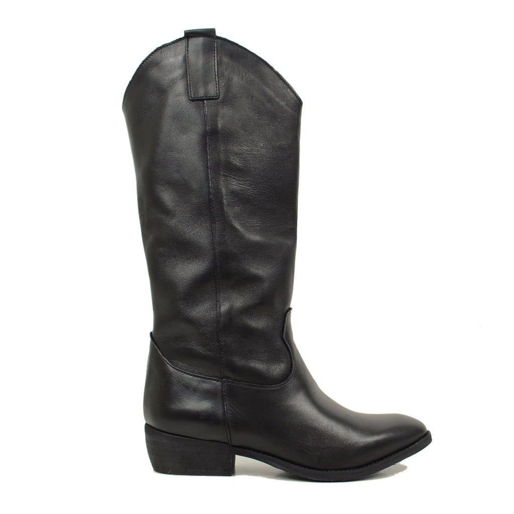Glatte Texan-Stiefel aus schwarzem Leder mit niedrigem Absatz, hergestellt in Italien - 2