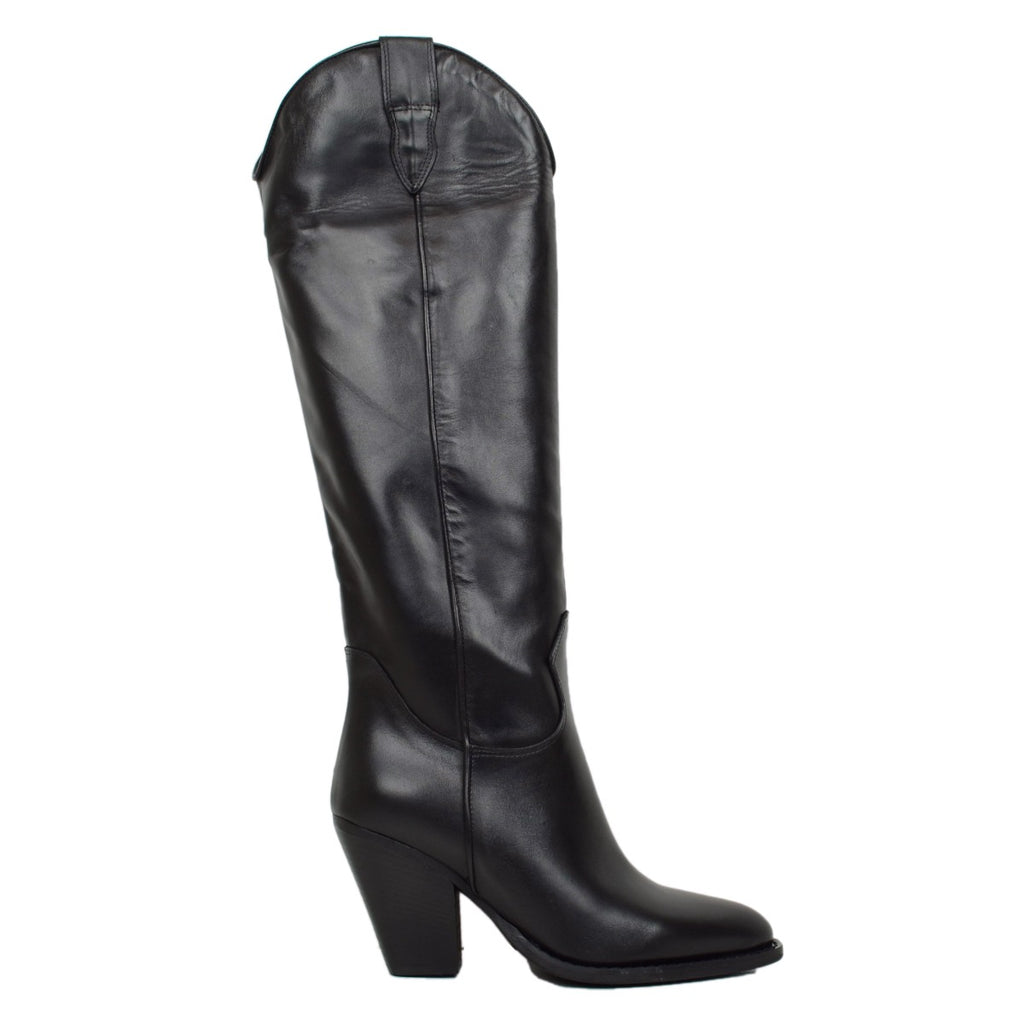 High Heel Black Leather Texan Boots Made in Italy - 2