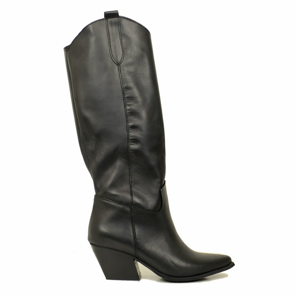 Black Leather Texan Boots with High and Wide Heel Made in Italy