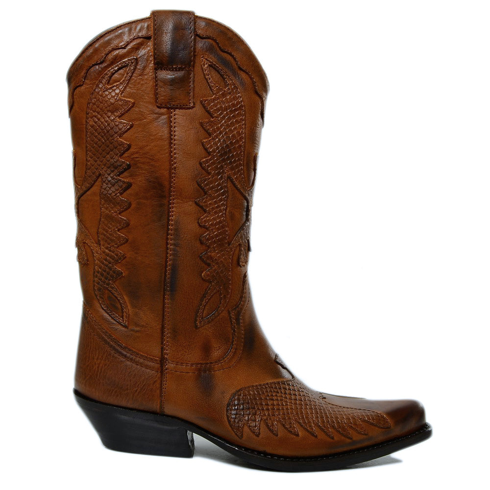 Stivali Texani Donna in Pelle Marrone con Aquila Made in Italy - 4