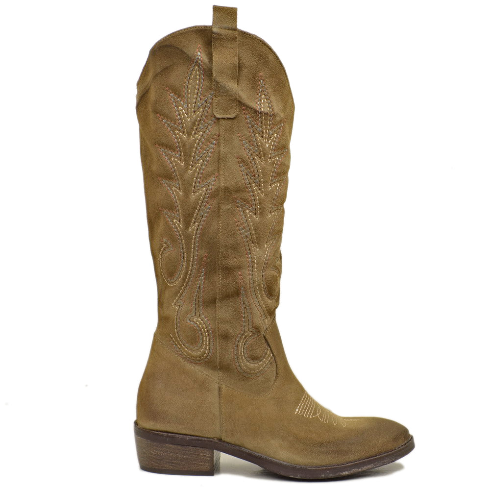 Women's Taupe Suede Texan Boots Made in Italy - 6