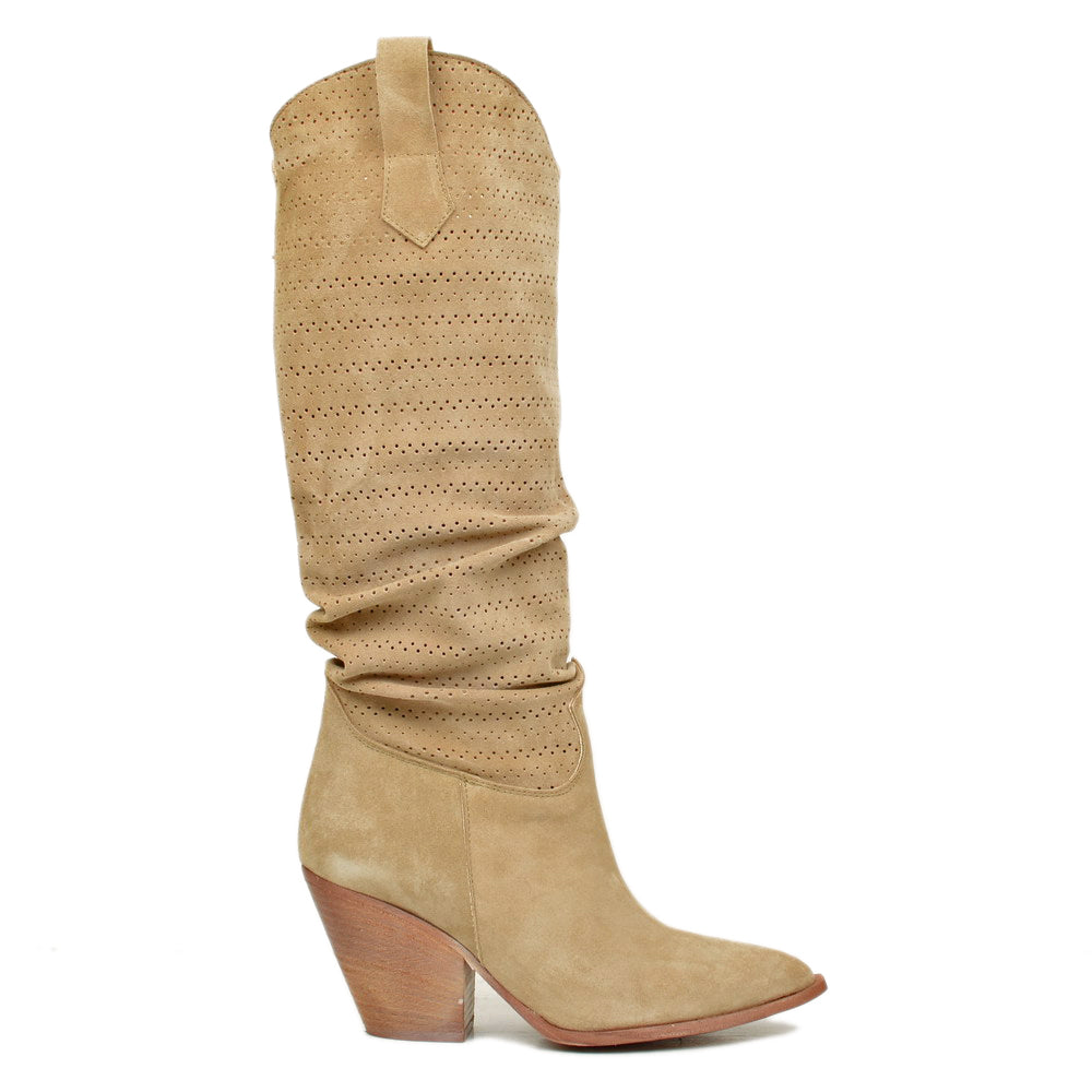 Women's Texan Boots Perforated in Sand Suede with High Heel - 6