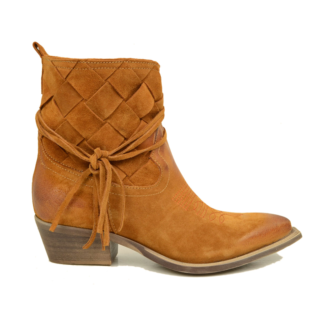 Stivaletti Donna Texani in Pelle Scamosciata Marroni Made in Italy - 4