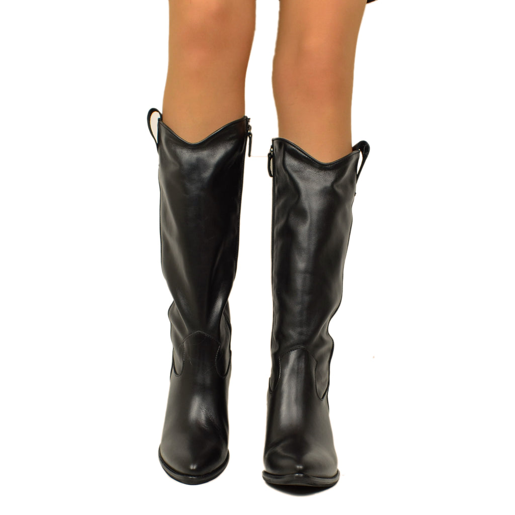 Hohe texanische Damenstiefel aus schwarzem Leder mit Reißverschluss, hergestellt in Italien - 5