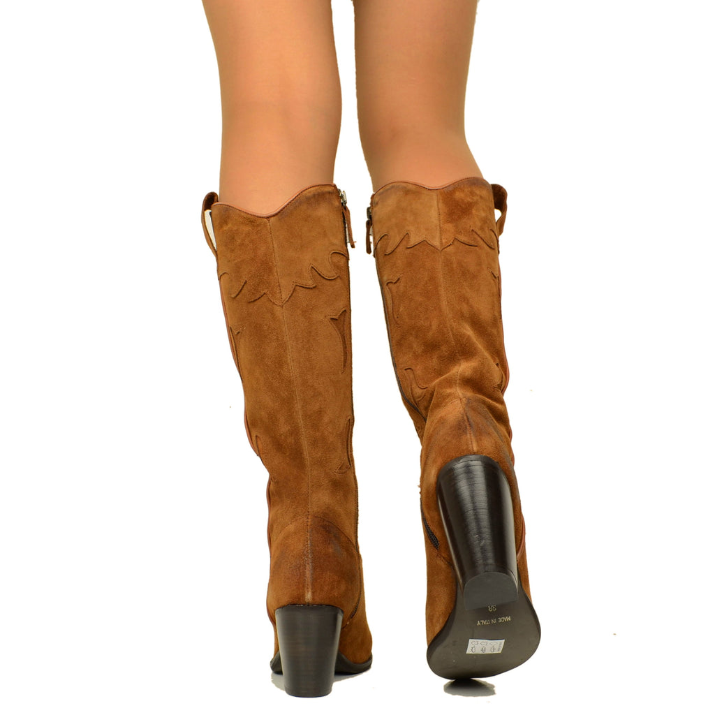 Braune Texan-Damenstiefel mit seitlichem Reißverschluss, hergestellt in Italien - 3