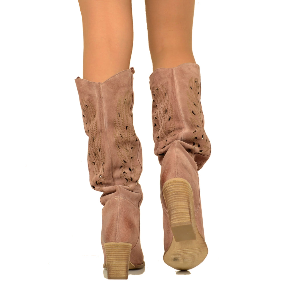Women's Texan Boots Lasered in Powder Pink Suede with Medium Heel - 5